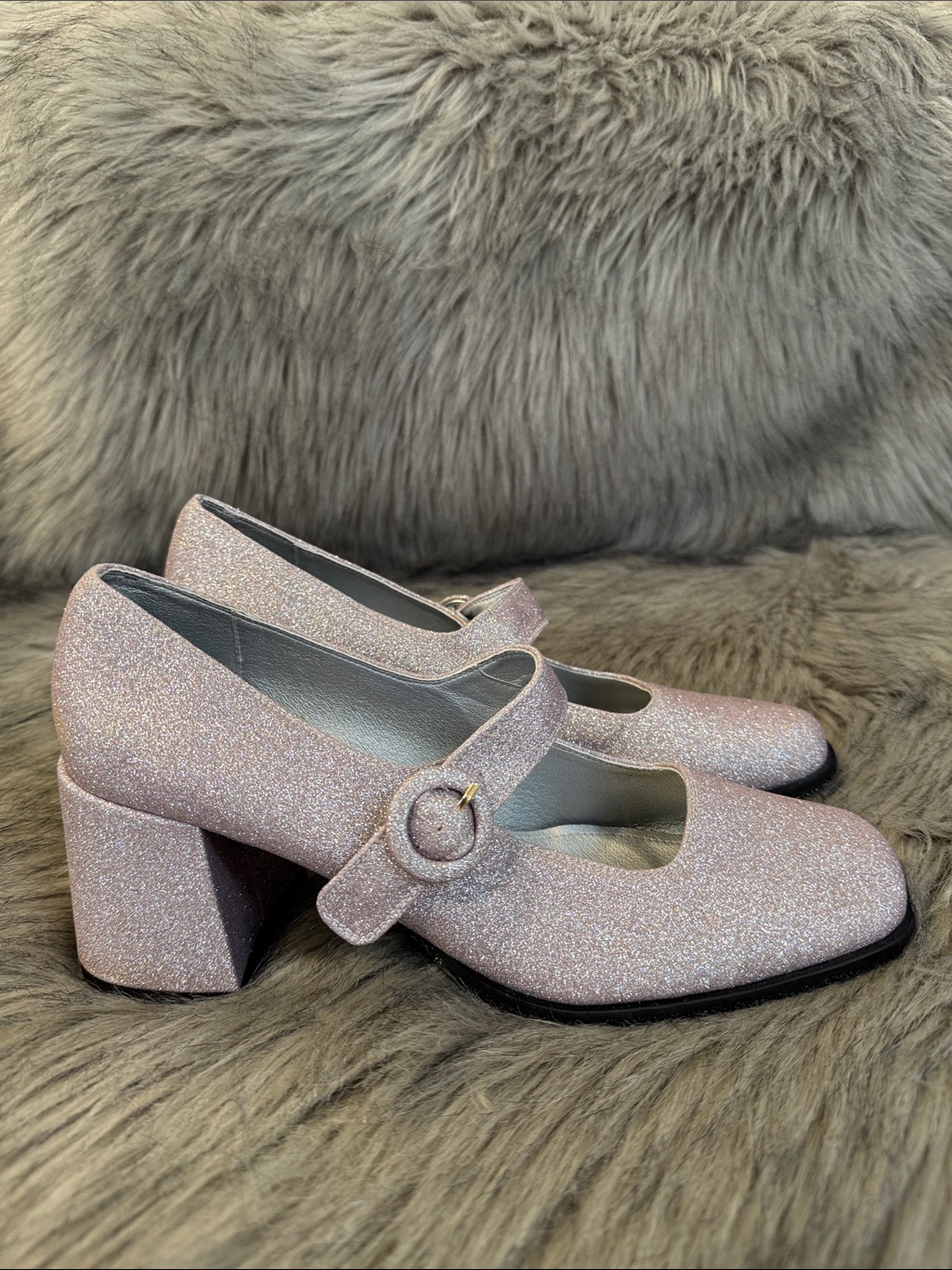 Carel Paris Glitter Mary Jane Block Heels In Light Pink Size 39
